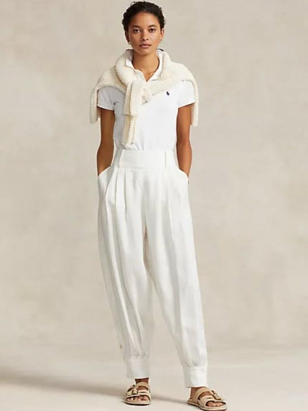 Ralph Lauren Polo Pleated Linen Tapered Pant White Gypsy Ankle Cuff Women Size 4